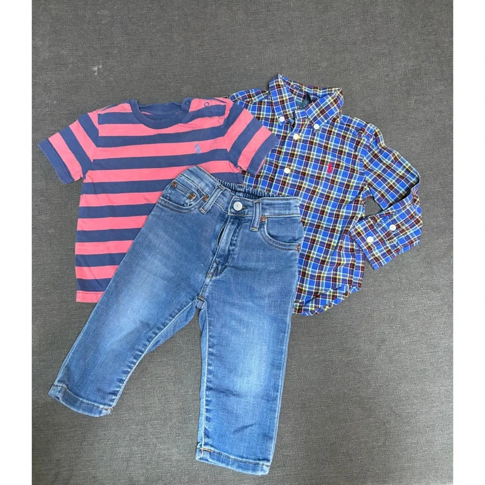 Ralph Lauren Baby Boy 12M 3Pc Outfit Plaid Shirt Jeans Stripe Tee Bundle Blue